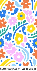 A vibrant and playful abstract pattern featuring colorful, stylized flowers and organic shapes in a bright, cheerful palette. Perfect for backgrounds and designs.