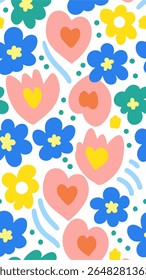 A vibrant and playful abstract pattern featuring stylized flowers and hearts in cheerful colors like pink, blue, yellow, and green, set against a clean white background.