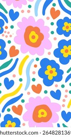 A vibrant and playful abstract pattern featuring stylized flowers, hearts, and organic shapes in a cheerful color palette of pink, blue, orange, yellow, and green on a white background.