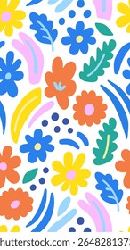 A vibrant and playful abstract pattern featuring colorful, stylized flowers, leaves, and organic shapes in a cheerful, whimsical arrangement on a white background.