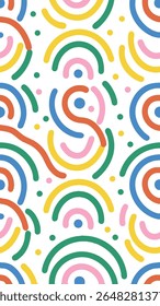 Um padrão abstrato vibrante e divertido com linhas coloridas e arredondadas e pontos em um fundo branco. O design evoca uma sensação de alegria e maravilha infantil.