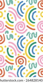 A vibrant and playful abstract pattern featuring colorful, hand-drawn shapes like swirls, arcs, and dots on a clean white background. This design evokes a sense of joy and creativity.