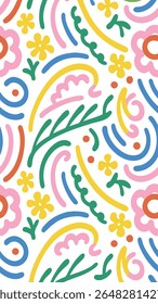 A vibrant and playful abstract pattern featuring colorful, organic shapes and simple floral motifs. This design evokes a sense of joy and whimsy with its bright color palette and flowing lines.