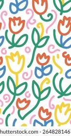 A vibrant and playful abstract pattern featuring colorful, stylized tulips and swirling lines in a cheerful, modern design. Perfect for backgrounds and creative projects.