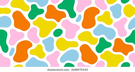 A vibrant and playful abstract pattern featuring irregular, organic shapes in bright yellow, orange, pink, green, and light blue, set against a clean white background.