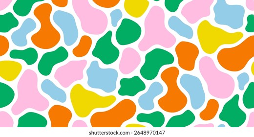 A vibrant and playful abstract pattern featuring organic, blob-like shapes in bright pink, orange, yellow, green, and light blue against a clean white background.