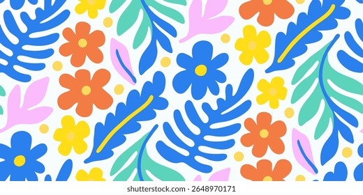 A vibrant and playful abstract pattern featuring stylized flowers and leaves in bold colors like blue, orange, yellow, pink, and teal against a clean white background.