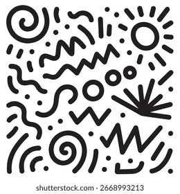 A vibrant and playful abstract pattern featuring bold black lines on a white background. The design incorporates geometric shapes, squiggles, and dots reminiscent of 1980s Memphis design.