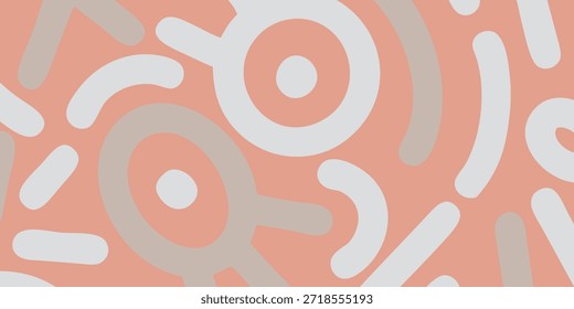Un patrón abstracto vibrante y juguetón sin fisuras que presenta una variedad de Formas y líneas orgánicas, renderizadas en una paleta de colores pastel calmante de melocotón, gris claro y blanco roto.