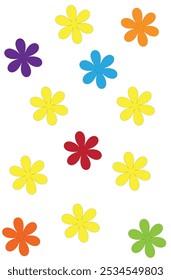 A vibrant and playful arrangement of multicolored daisy-like flowers scattered on a white background, creating a cheerful and fun design