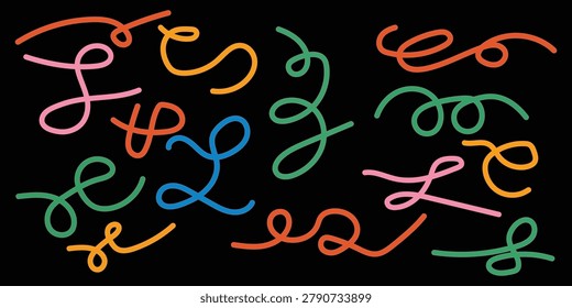 A vibrant and playful arrangement of multicolored squiggly lines on a solid black background, creating a dynamic visual effect.