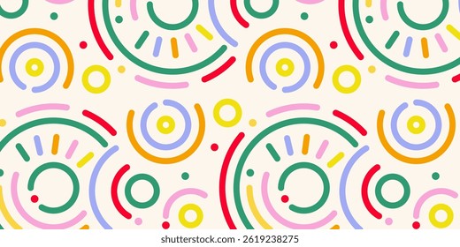 A vibrant, playful background featuring multicolored circles, arcs, and short lines. The design is abstract and uses a variety of bright colors on a cream background.