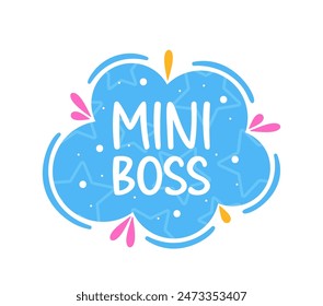 Vibrant And Playful Blue Cloud With Mini Boss Graphics Type, Perfect For Children Apparel, Stationery, Or Playful Decor