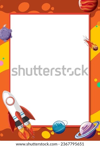 A vibrant and playful border frame featuring planets and a rocket in outer space
