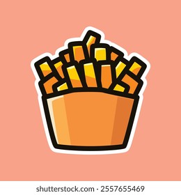 A vibrant and playful cartoon illustration of a box of French fries with a pink background. Perfect for food-related designs, menus, and promotional materials