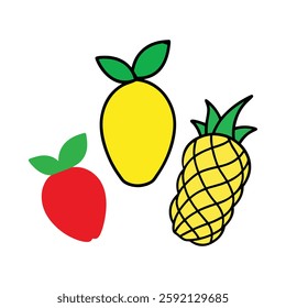 A vibrant and playful cartoon illustration featuring an apple, mango, and pineapple. Each fruit is brightly colored with exaggerated features, giving them a fun and cheerful appearance. 