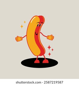 A vibrant and playful cartoon illustration of a happy hotdog character with expressive eyes and a friendly smile.