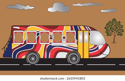 Vibrant and Playful Cartoon Tour Bus with Abstract Swirls for Travel and Education Concepts
