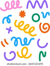 Vibrant and Playful Collection of Colorful Wavy Lines and Organic Shapes on Transparent Background, Dynamic Graphic Elements for Cheerful Backgrounds, Borders, and Creative Designs