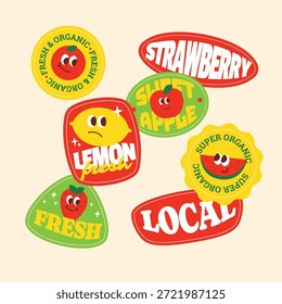 Eine lebendige und verspielte Kollektion von Vektoraufkleber-Etiketten, die frische, organische und lokale Produkte fördern. Die Aufkleber zeigen stilisierte Fruchtfiguren mit Gesichtern, darunter ein glücklicher Apfel, eine mürrische Zitrone, eine fröhliche Erdbeere und eine zwinkernde Wassermelone. Dieser unterhaltsame, retro-inspirierte Stil mit kräftigen Farben eignet sich perfekt für Verpackungen, gesunde Lebensmittel- und Getränkemarken, Bauernmärkte, Food-Blogs oder digitale Scrapbooking.