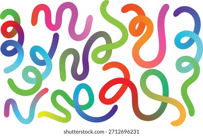 A vibrant and playful composition of colorful abstract wavy lines and curved shapes scattered across a clean white background, creating a sense of movement and fun.
