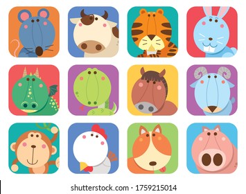 A vibrant and playful digital illustration featuring twelve adorable cartoon animal faces, each representing a different zodiac or symbolic creature