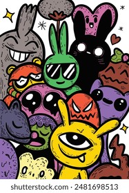 Dibujos animados vibrantes y juguetones con una variedad de personajes de dibujos animados caprichosos en colores llamativos y diseños expresivos.
