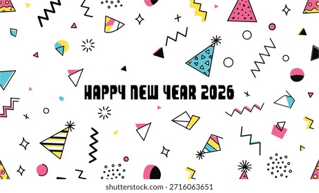 Un patrón de doodle vibrante y juguetón con sombreros de fiesta, confeti y zigzags, deseando un feliz año Nuevo 2026.