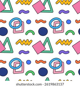 Motif harmonieux et ludique de gribouillages géométriques avec des formes géométriques abstraites comme des triangles, des cercles, des losanges, des carrés, des anneaux, des zigzags et des gribouillis. Idéal pour la pépinière ou le fond d'écran.