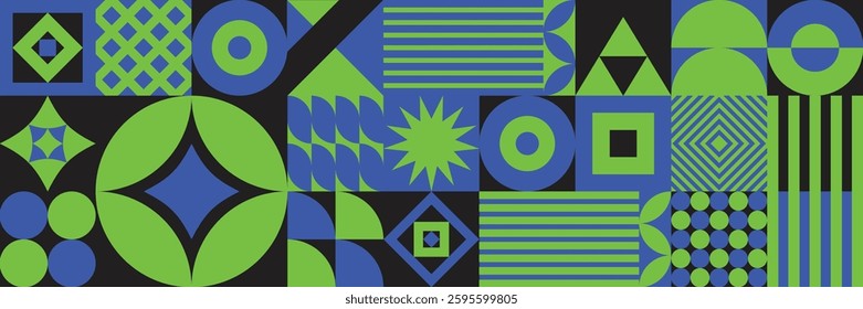  vibrant and playful geometric pattern composed of various shapes, including squares, circles, triangles, and stars, in bold shades of lime green and bright blue, set against a black background.
