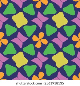 A vibrant and playful geometric pattern featuring a mix of colorful shapes including yellow stars, green and purple flowers, and orange elements, all set against a dark blue background.