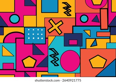 A vibrant and playful geometric vector pattern featuring bold shapes such as circles, triangles, and squares in vivid colors like magenta, cyan, yellow, and navy blue. Designed in a seamless repeat 
