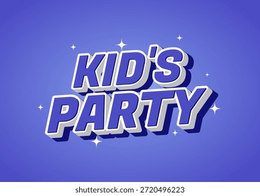 A vibrant and playful graphic design featuring the text Kids Party in bold, 3D letters against a purple background with sparkling accents.