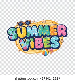 Un Diseño gráfico vibrante y lúdico con la frase 'vibraciones de verano' con gafas de sol, balón de playa y otros Elementos temáticos de verano.