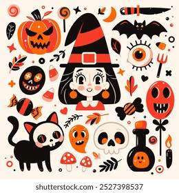 Un Vector de Halloween vibrante y juguetón con una bruja caprichosa, calabazas espeluznantes, gatos negros, murciélagos, calaveras, caramelos y varios Elementos festivos.