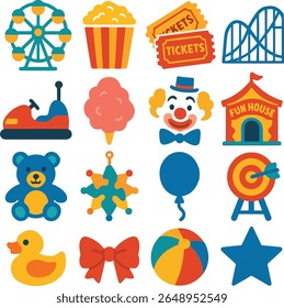 A vibrant and playful icon set featuring colourful elements from fairs and amusement parks. Includes ferris wheels, popcorn, tickets, roller coasters, bumper cars, clowns, fun houses, toys, balloons.