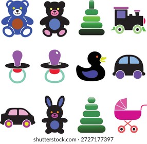 A vibrant, playful icon set featuring classic baby and kids items with bold, multi-colored accents — including teddy bear, rubber duck, toy car, stroller, pacifier, and more. Perfect for parenting apps, baby shower designs, or children’s products.

