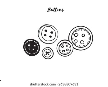 Vibrant and playful illustration of assorted buttons in various shapes, sizes, and colors. Perfect for sewing, fashion design, quilting, and DIY craft themes. Great for use in pattern design