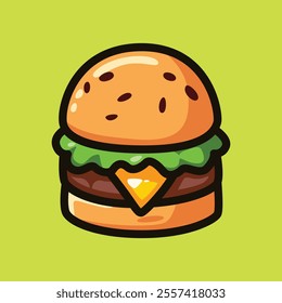 Vibrant and playful illustration of a cartoon-style cheeseburger featuring lettuce, melted cheese, and a sesame seed bun on a bright green background. Ideal for food designs and branding
