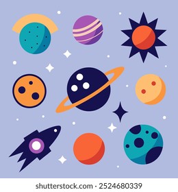 A vibrant and playful illustration depicting a celestial scene with planets, stars, and a rocket ship. This cheerful design is perfect for adding a touch of whimsy to kids' products.