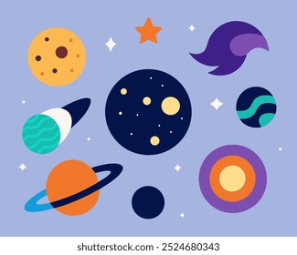 Uma ilustração vibrante e divertida com uma galáxia cheia de planetas, estrelas e luas. Este design caprichoso é perfeito para adicionar um toque de maravilha cósmica a seus projetos, ideal para livros.