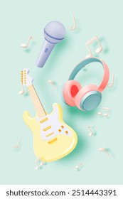 A vibrant and playful illustration featuring a microphone, electric guitar, and headphones, set against a pastel green background with musical notes,