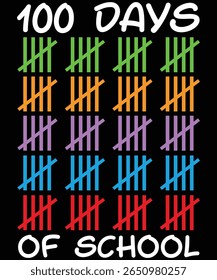 A vibrant and playful illustration featuring multi-colored tally marks arranged to represent 100 days of school. Ideal for classroom decorations, student milestones, teacher resources and educational.