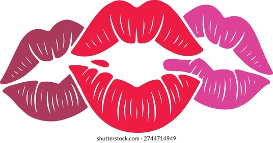 A vibrant and playful illustration featuring three distinct lip prints, rendered in varying shades of red and pink, overlapping to expressions of affection, love, or passionate gestures