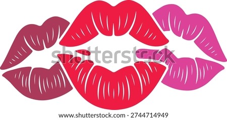 A vibrant and playful illustration featuring three distinct lip prints, rendered in varying shades of red and pink, overlapping to expressions of affection, love, or passionate gestures