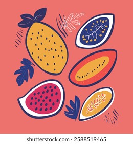 A vibrant and playful illustration featuring a variety of fruits including strawberries, lemons, papayas, and a cucumber, all set against a bright orange background.