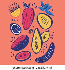 A vibrant and playful illustration featuring a variety of fruits including strawberries, lemons, papayas, and a cucumber, all set against a bright orange background.