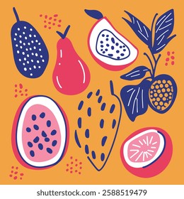 A vibrant and playful illustration featuring a variety of fruits including strawberries, lemons, papayas, and a cucumber, all set against a bright orange background.