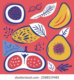 A vibrant and playful illustration featuring a variety of fruits including strawberries, lemons, papayas, and a cucumber, all set against a bright orange background.