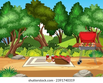 A vibrant and playful illustration of a nature park picnic